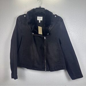 Jessica Simpson Finley Moto Jacket Black Faux Fur Collar Zip Pockets 2X